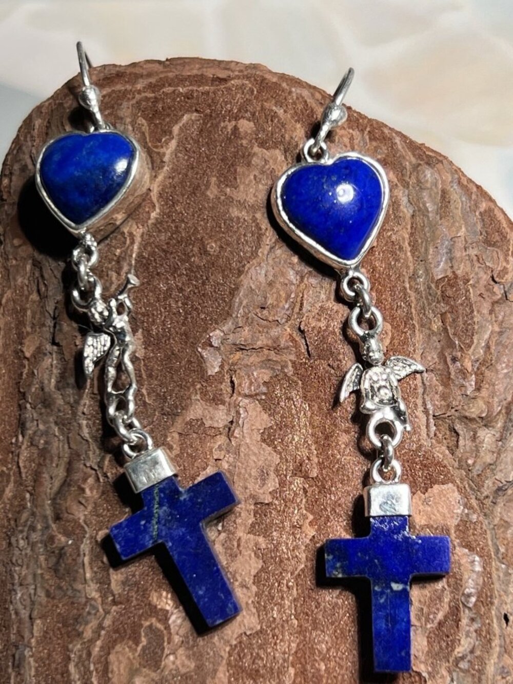 925 Sterling Silver Lapis Lazuli Heart, Angel and Cross Dangle Earrings